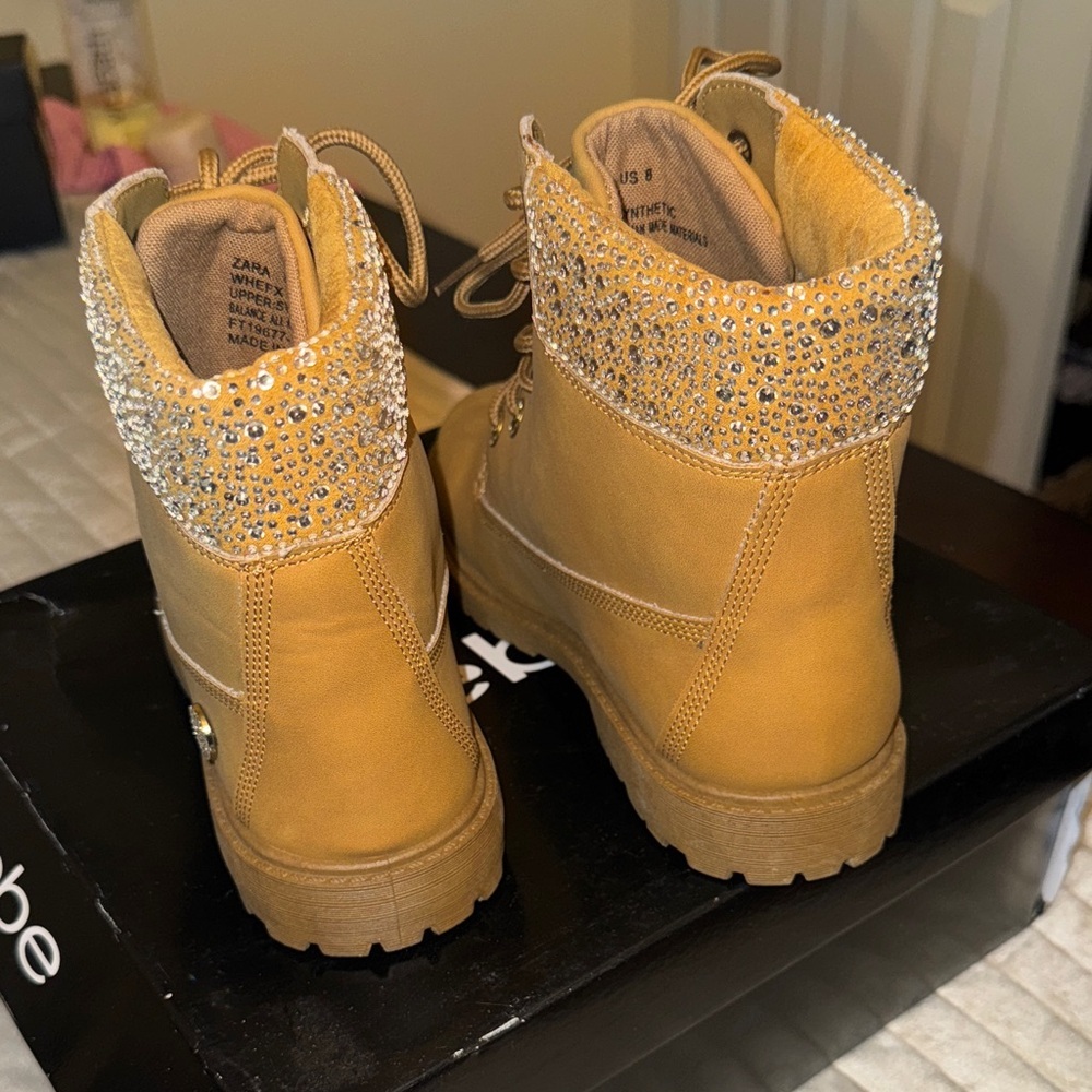 Bebe Mustard Lace-Up Boots with Glittering Cuff - Picture 2 of 16